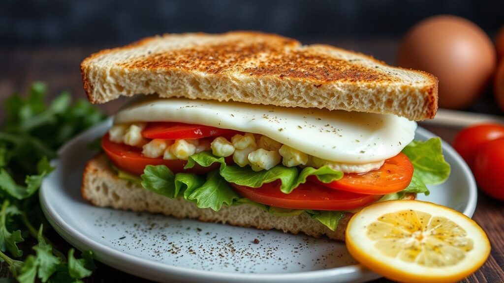 Classic egg salad sandwich with simple ingredients and timeless taste beside seasoning components
