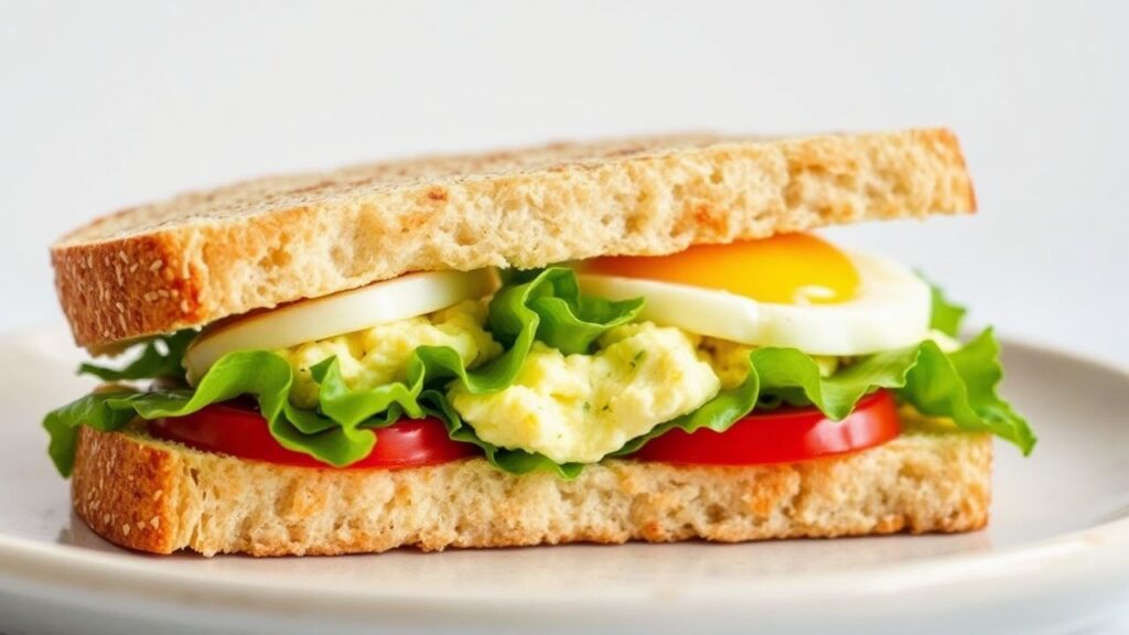 Golden toasted bread with creamy egg salad and fresh herbs