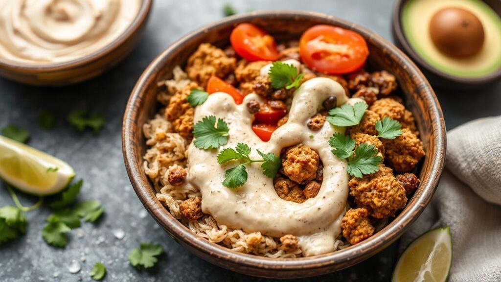 Vegan shawarma bowl with creamy tahini sauce, colorful vegetables, and hearty textures.