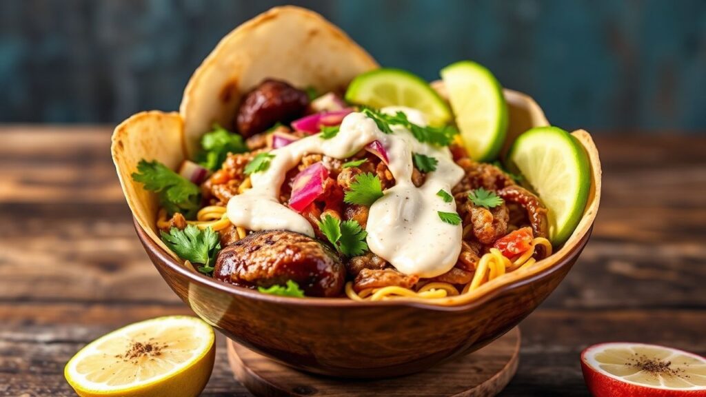 Vegan shawarma bowl ingredients and creamy tahini sauce elements.