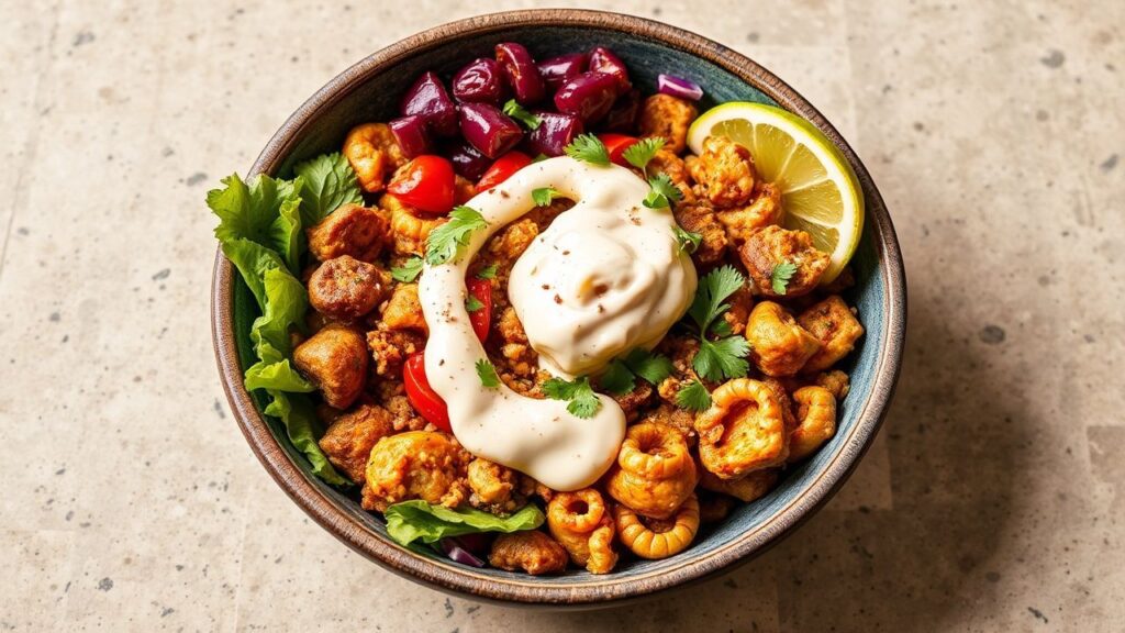 Vegan shawarma bowl with colorful vegetables and creamy tahini sauce, ready to serve.