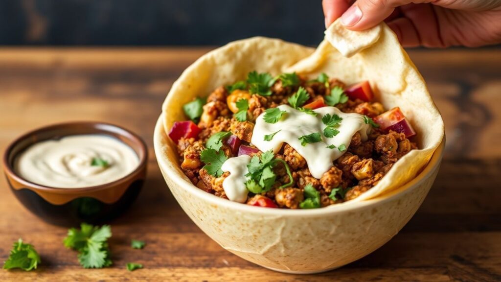 Finished vegan shawarma bowls with creamy tahini sauce, herbs, and fresh toppings.