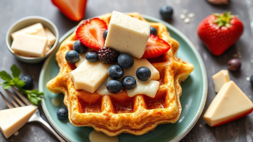 High-protein cottage cheese waffles topped for breakfast
