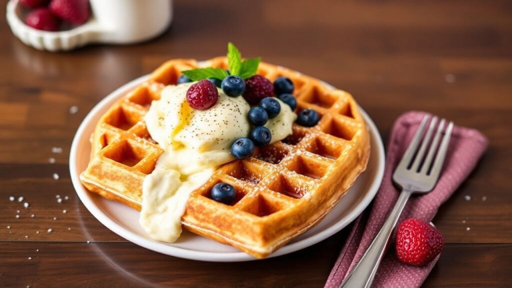 High-protein cottage cheese waffles ready to serve