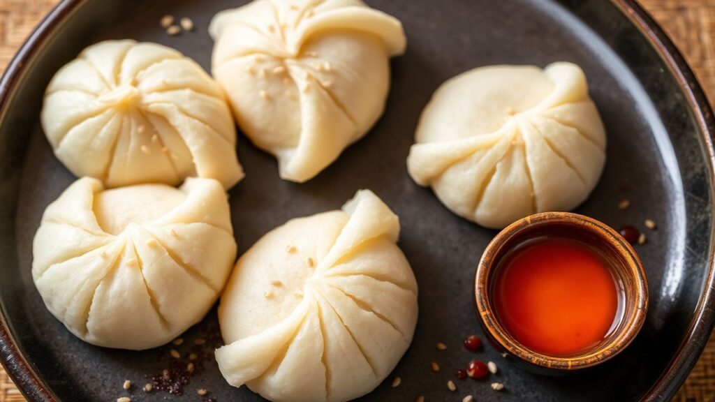 Songpyeon served with tea and sesame sheen.
