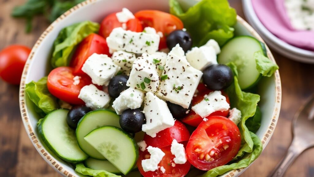 طبق سلطة يونانية صحية مع جبن قريش كريمي، ألوان زاهية ونكهات متوسطية تعكس الابتكار.