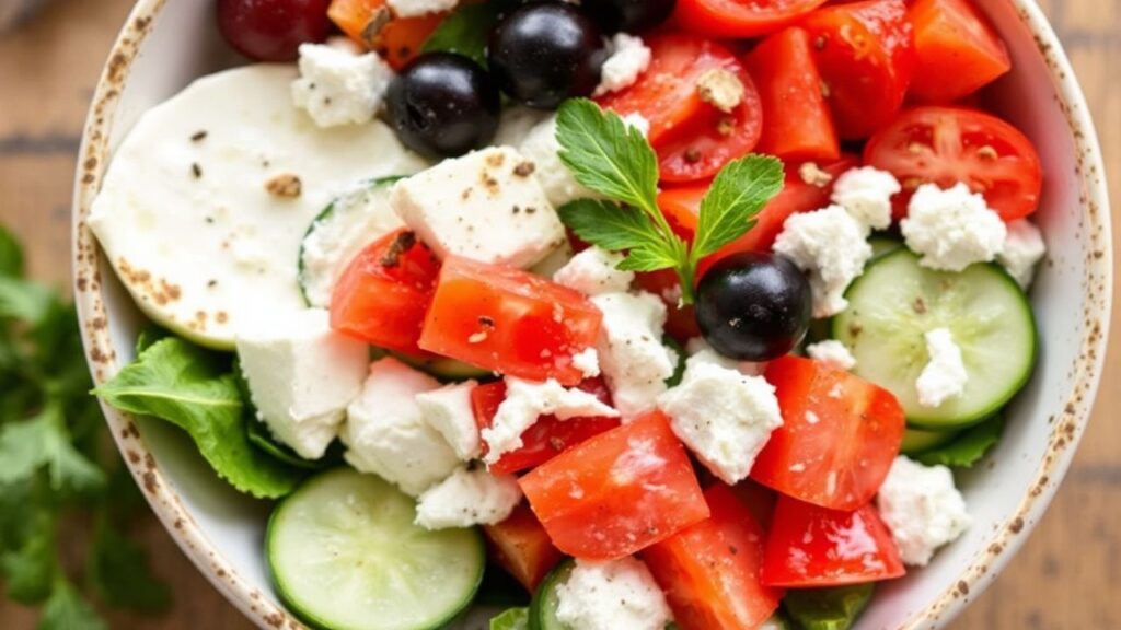 طبق سلطة يونانية صحية مع جبن قريش كريمي، ألوان زاهية ونكهات متوسطية تعكس الابتكار.