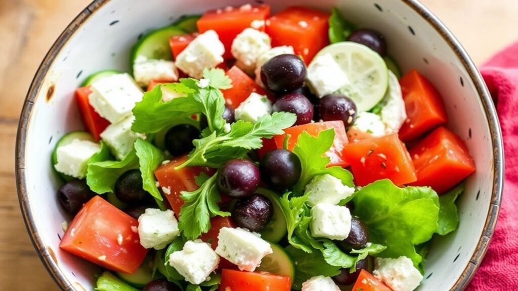 طبق سلطة يونانية صحية مع جبن قريش كريمي، ألوان زاهية ونكهات متوسطية تعكس الابتكار.