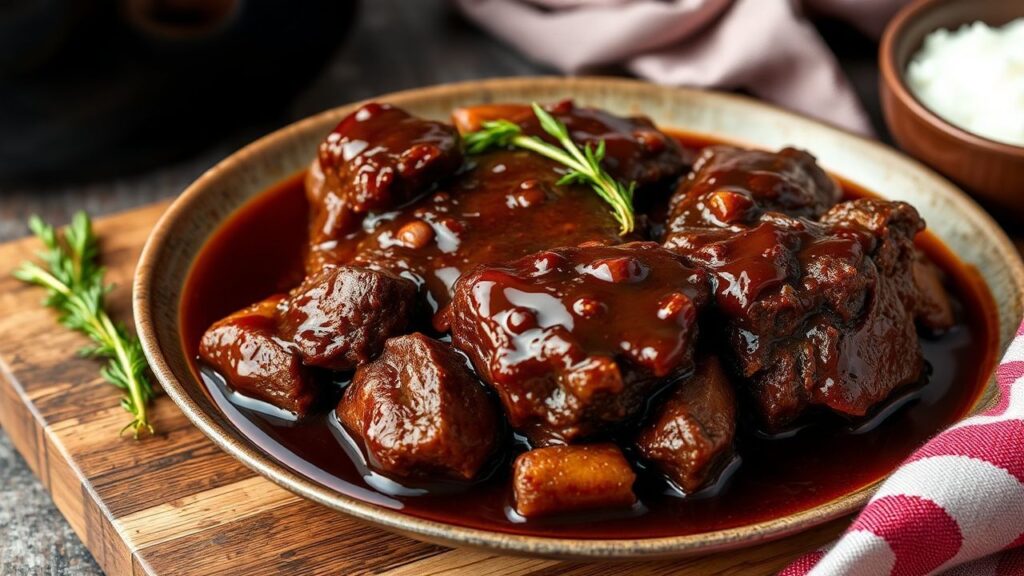 Lحم بقري مطهو ببطء في صوص غامق حلو غني وعطاء