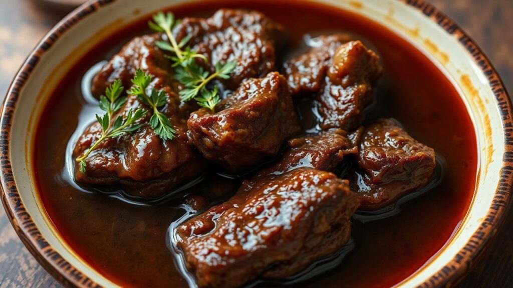 لحم بقري مطهو ببطء في صوص غامق حلو غني