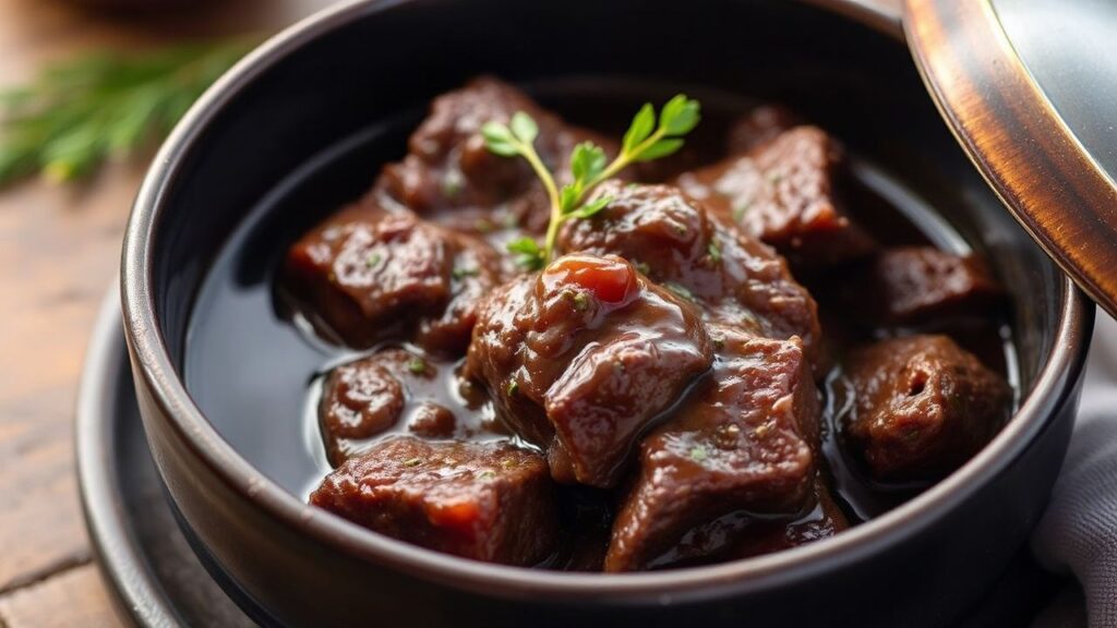 لحم بقري مطهو ببطء داخل صوص غامق حلو جاهز للتقديم