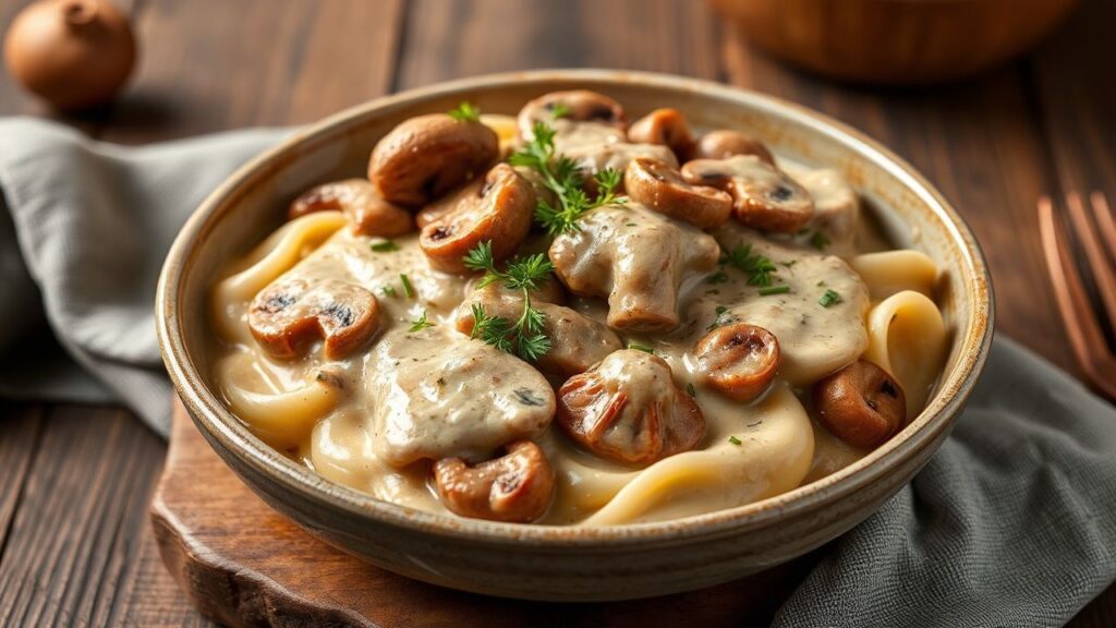 أطباق شهيّة من لحم بقري كريمي مع فطر، دافئة ومريحة، تغمرك بنكهة indulge