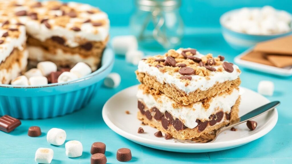 No-Bake S'mores Icebox Cake Delight plated with chocolate and marshmallow toppings