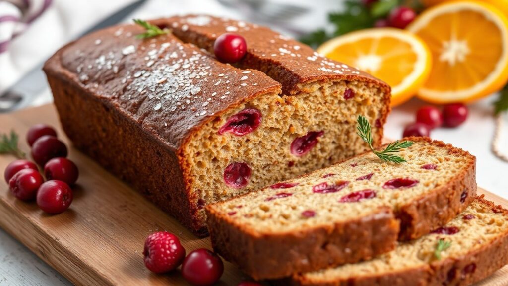 Zesty gluten-free cranberry orange bread in a loaf, holiday baking aroma in the kitchen