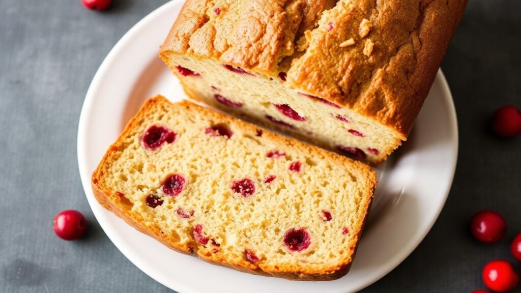 Holiday gluten-free cranberry orange bread slices on a rack