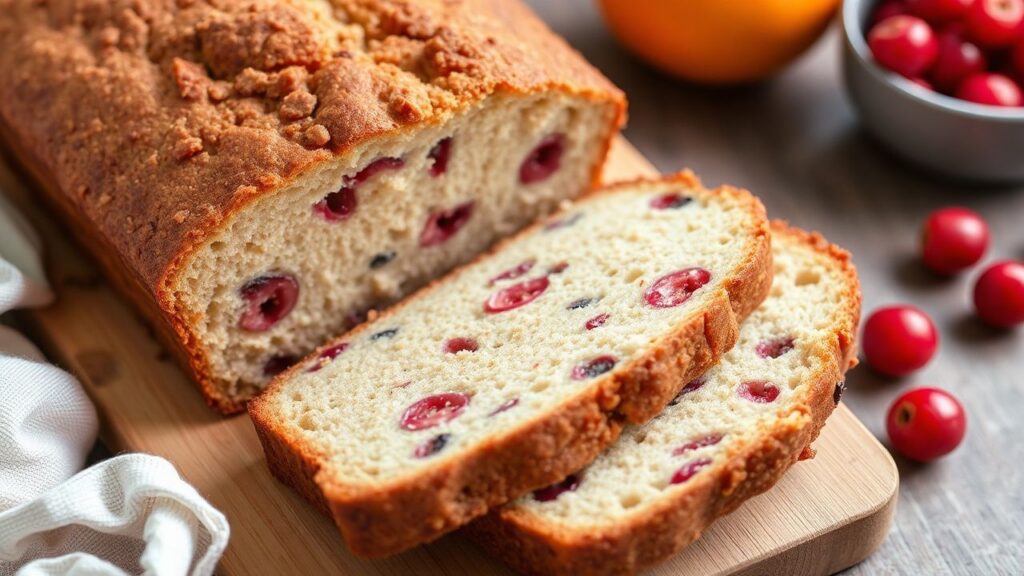 Gluten-free cranberry orange bread loaf with festive holiday vibe
