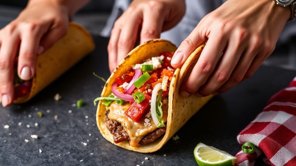 Smash burger tacos with spicy sauces and fresh toppings for a flavor-packed bite.