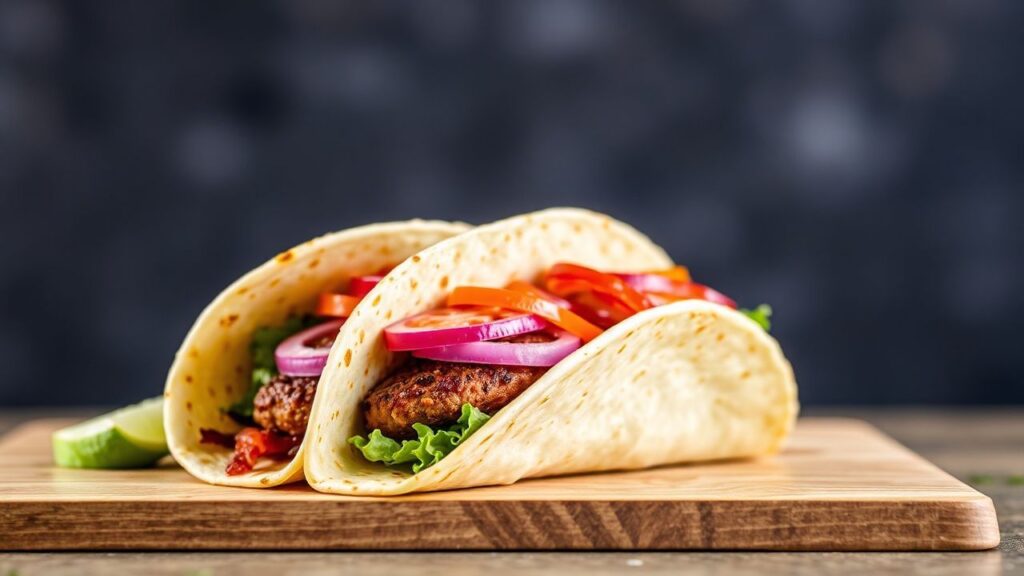 Smash burger tacos with lettuce, tomatoes, and melted cheese ready to assemble.