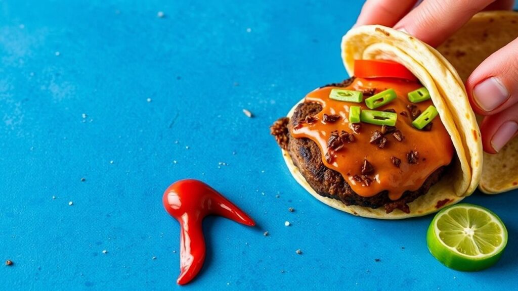 Smash burger tacos with sauces and fresh garnishes served warm.