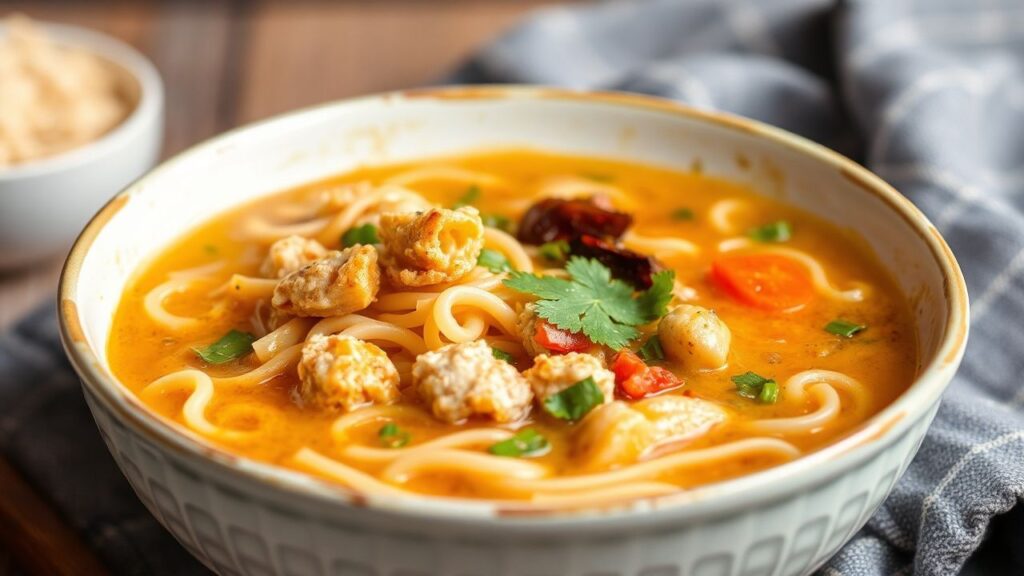 Vegan chicken noodle soup with soy curls, cozy and comforting for cold weather