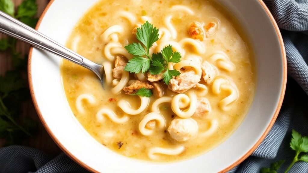 Vegan chicken noodle soup with soy curls, herbs and noodles