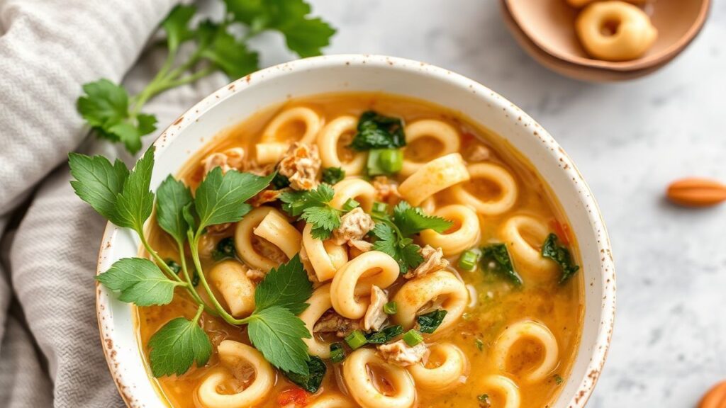 Cozy vegan chicken noodle soup with soy curls served with lemon and parsley