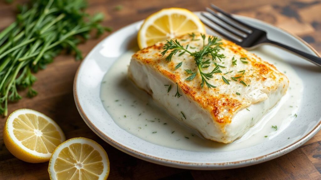 Baked cod in lemon-dill cream sauce with fresh herbs