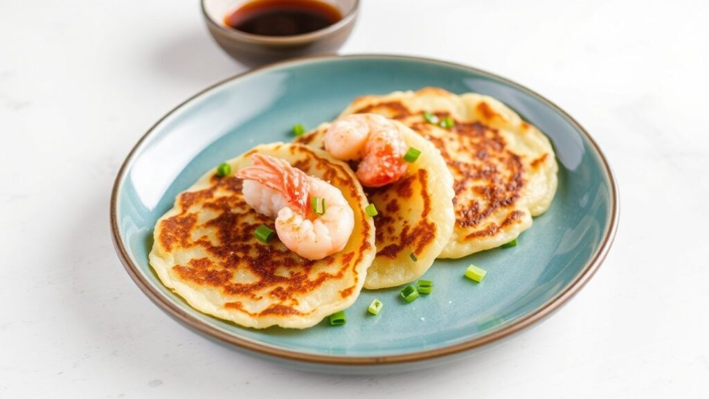 Golden crispy seafood pancake edges with visible scallion pieces