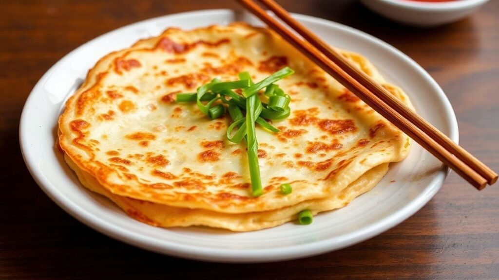 Golden crispy seafood and scallion pancake layers on a platter