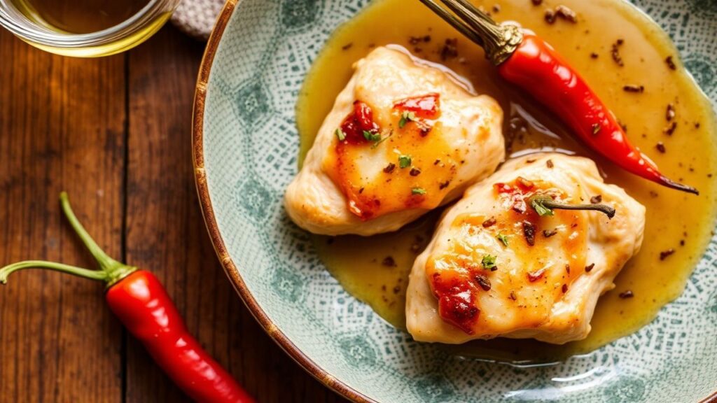 Chilled chicken platter with chili oil drizzle and garnish