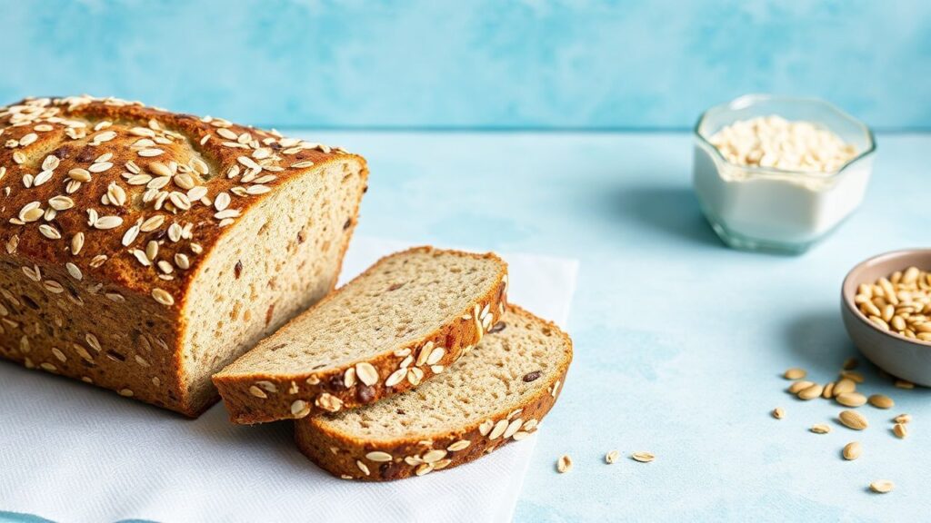 Gluten-free oat and seed bread slice with crunchy topping