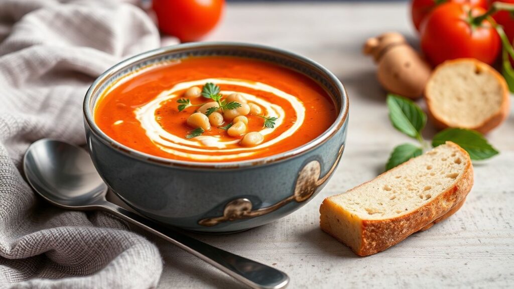 Garnished bowl of creamy vegan tomato soup with white beans