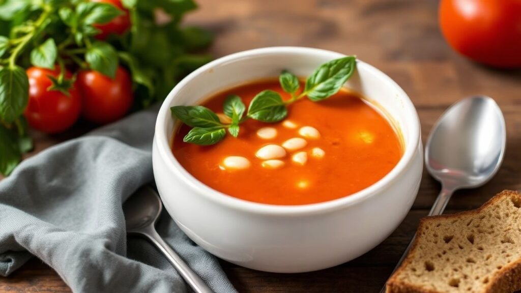 Creamy dairy-free tomato soup with white beans served hot