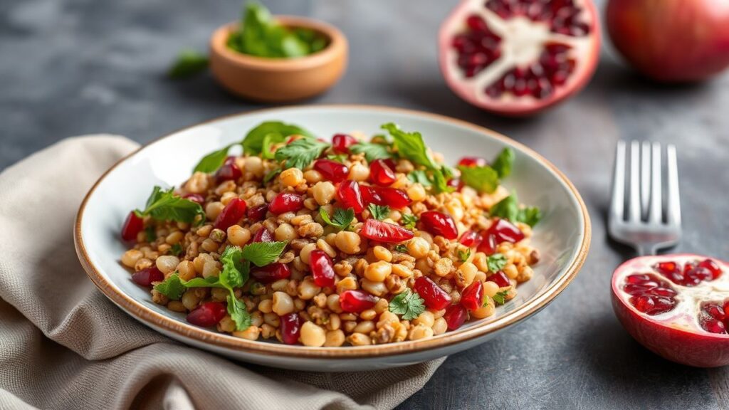 Zesty pomegranate lentil and bulgur salad with refreshing herb flavor