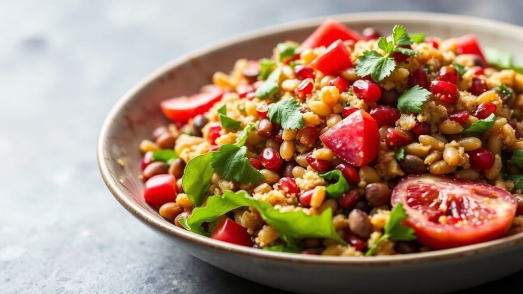 Zesty pomegranate lentil and bulgur salad ingredients and dressing