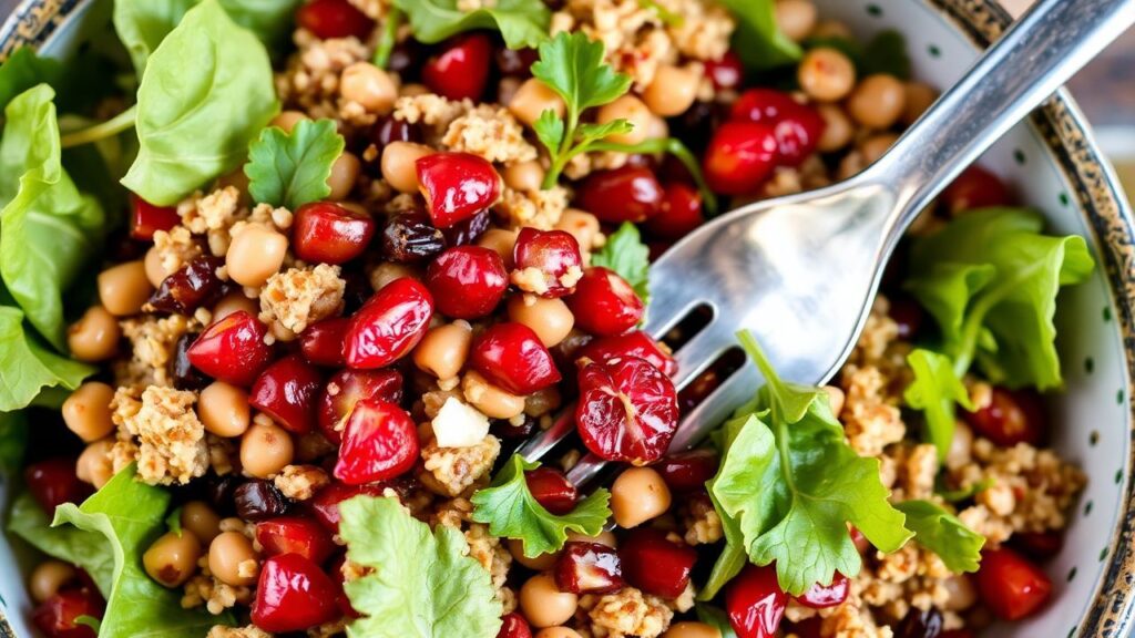 Zesty pomegranate lentil and bulgur salad served with herbs and pomegranate seeds