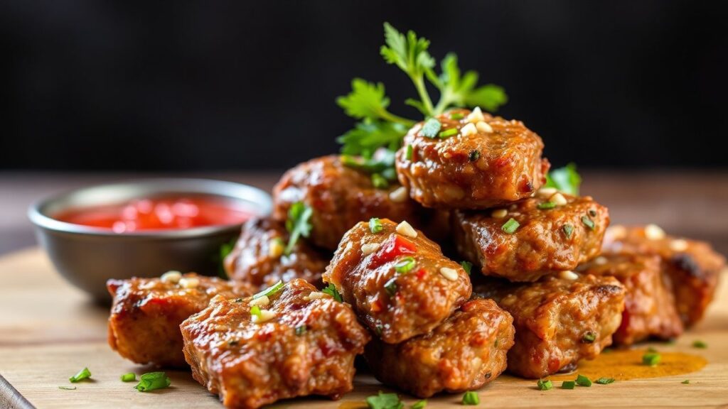 Zesty marinated beef bites served with lime wedges.