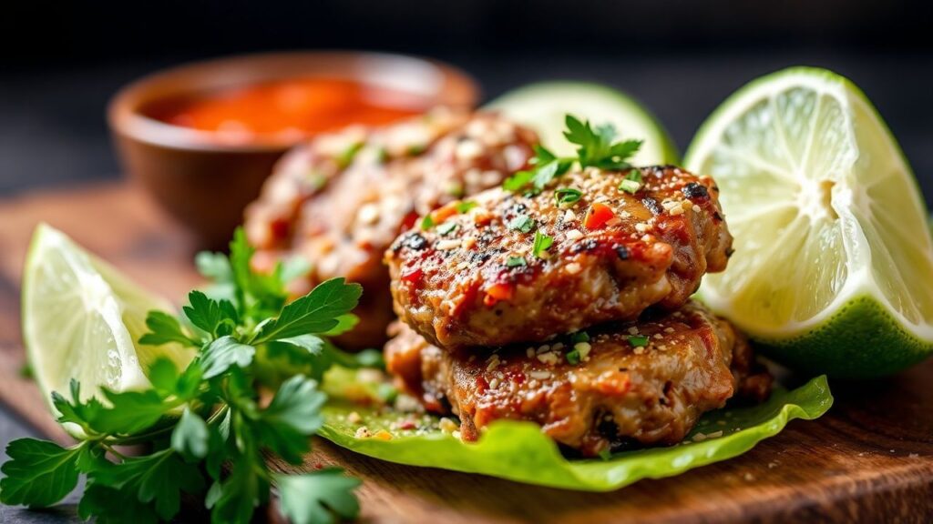 Zesty marinated beef bites on a platter with lime wedges.