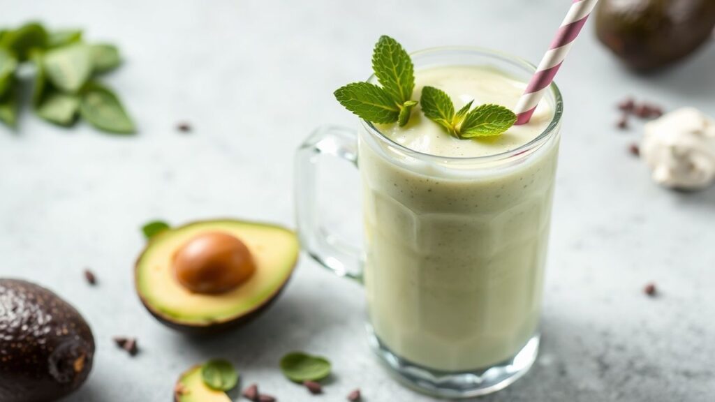 Creamy avocado milk shake in a glass with a smooth, silky texture.