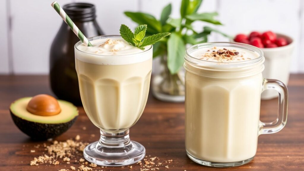 Ingredients for a creamy avocado milk shake: avocado, milk, ice, and lime.