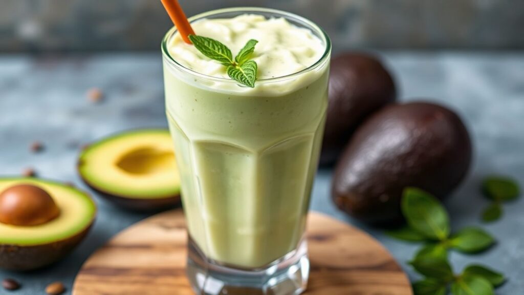 Pouring a creamy avocado milk shake for a thick, smooth texture.