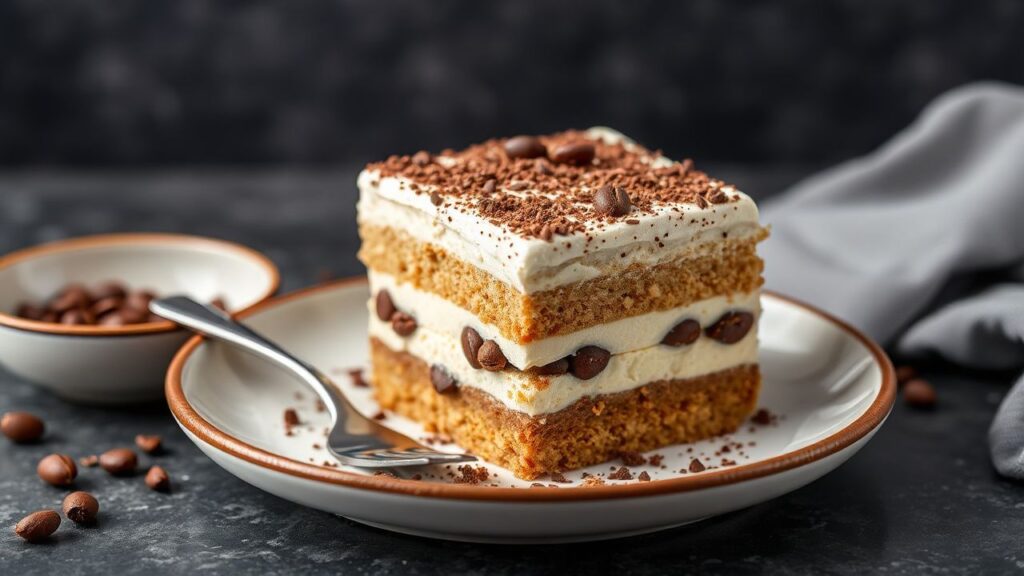 Vietnamese coffee tiramisu cake with creamy layers and cocoa dusting