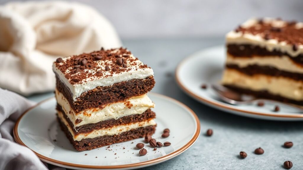 Vietnamese coffee tiramisu cake layers with cocoa and cream