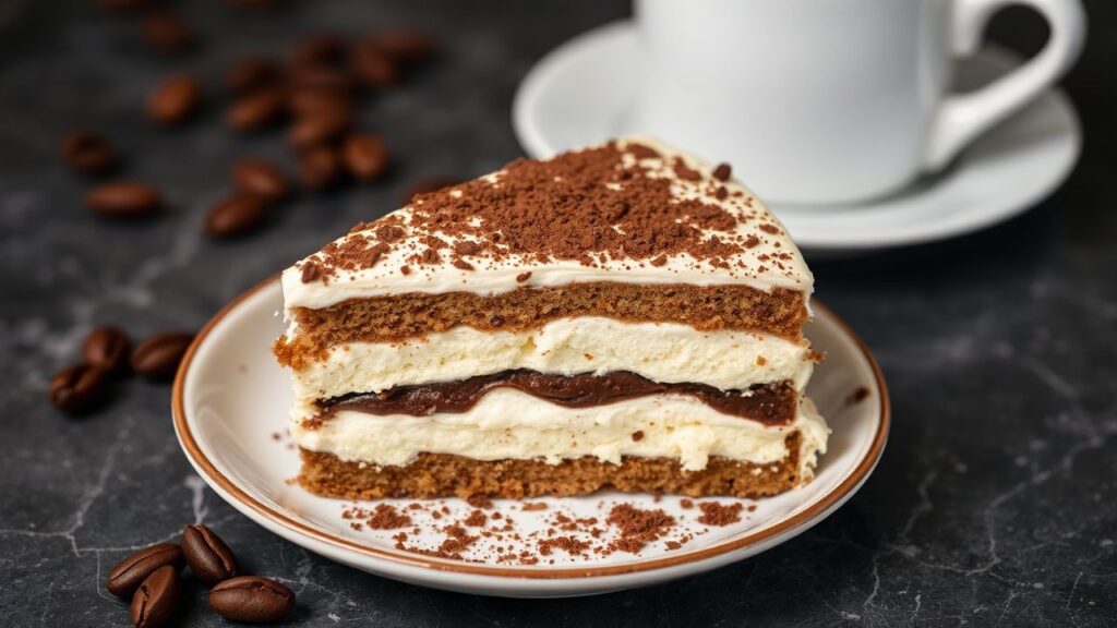 Vietnamese coffee tiramisu cake garnished with cocoa and chocolate