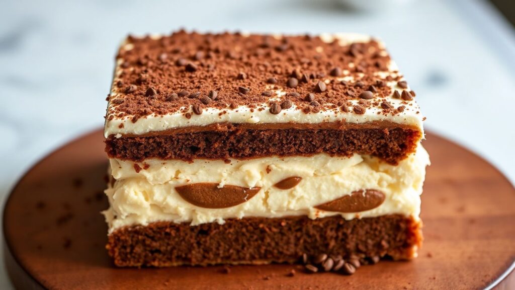 Vietnamese coffee tiramisu cake plated for serving