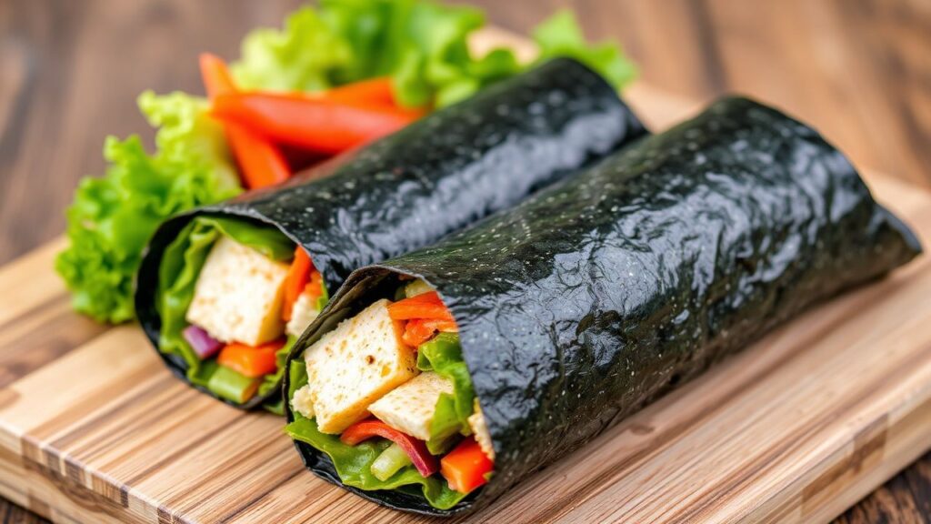 nori wraps with veggies and tofu: rolling and slicing