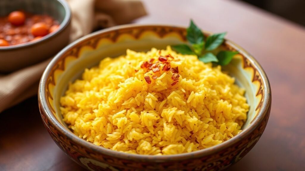 Yellow rice with annatto served in a golden glow