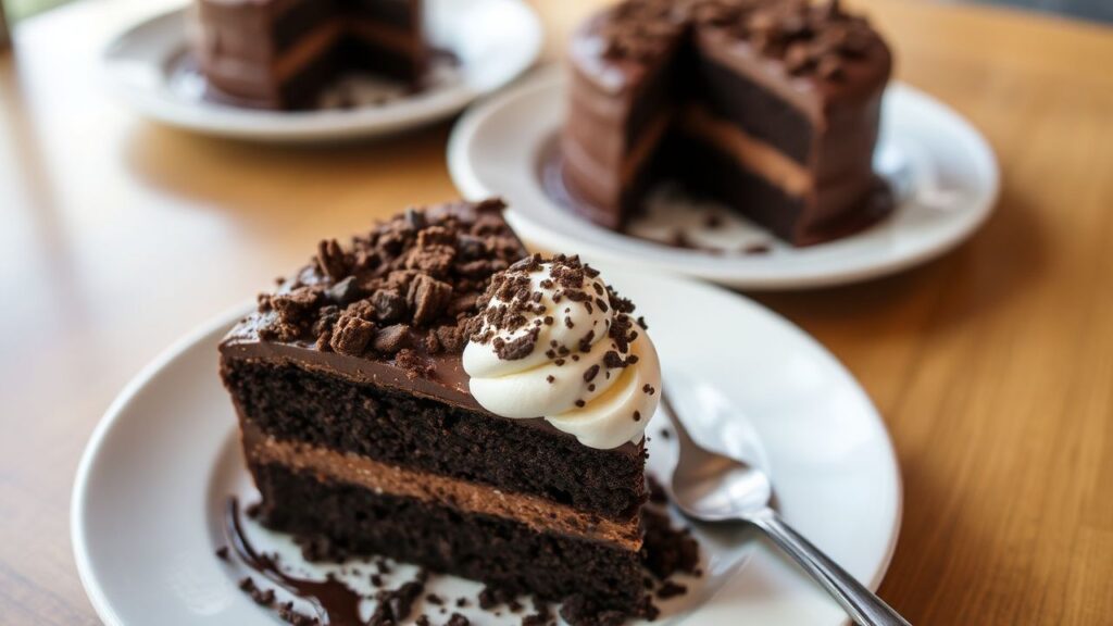 A slice of Brooklyn Blackout Chocolate Cake with dark chocolate topping