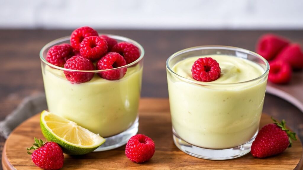 Lemon, raspberry, and avocado mousse in glasses with a creamy texture.