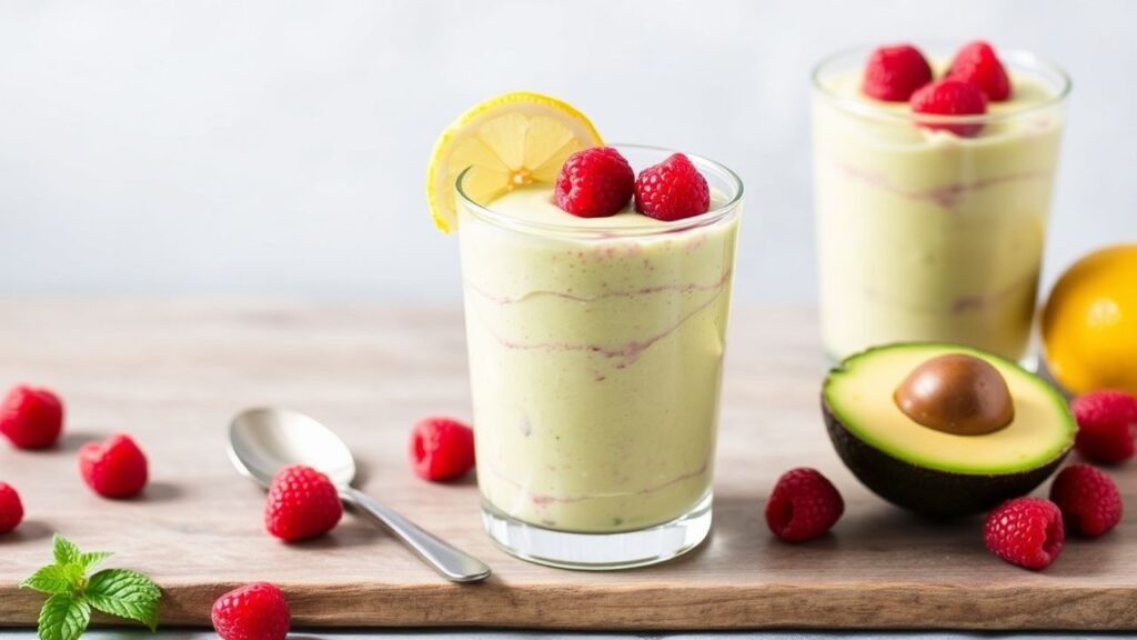 Close-up of lemon and raspberry mousse with avocado cream base.